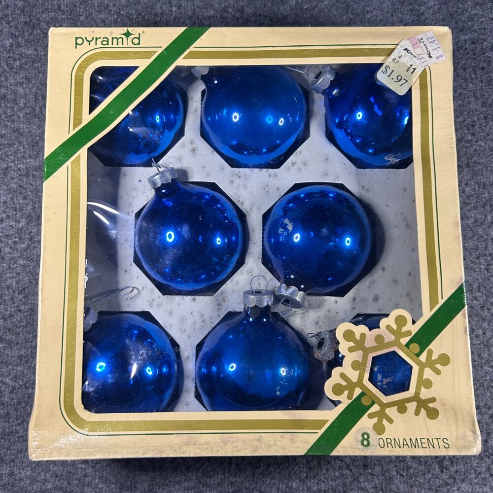 Vintage Pyramid Blue Set of 8 Glass Christmas Tree Ball Ornaments